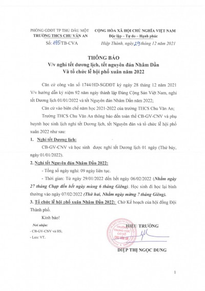 Thông báo nghỉ tết dương lịch, tết Nguyên đán Nhâm Dần và Lễ hội phố xuân năm 2022