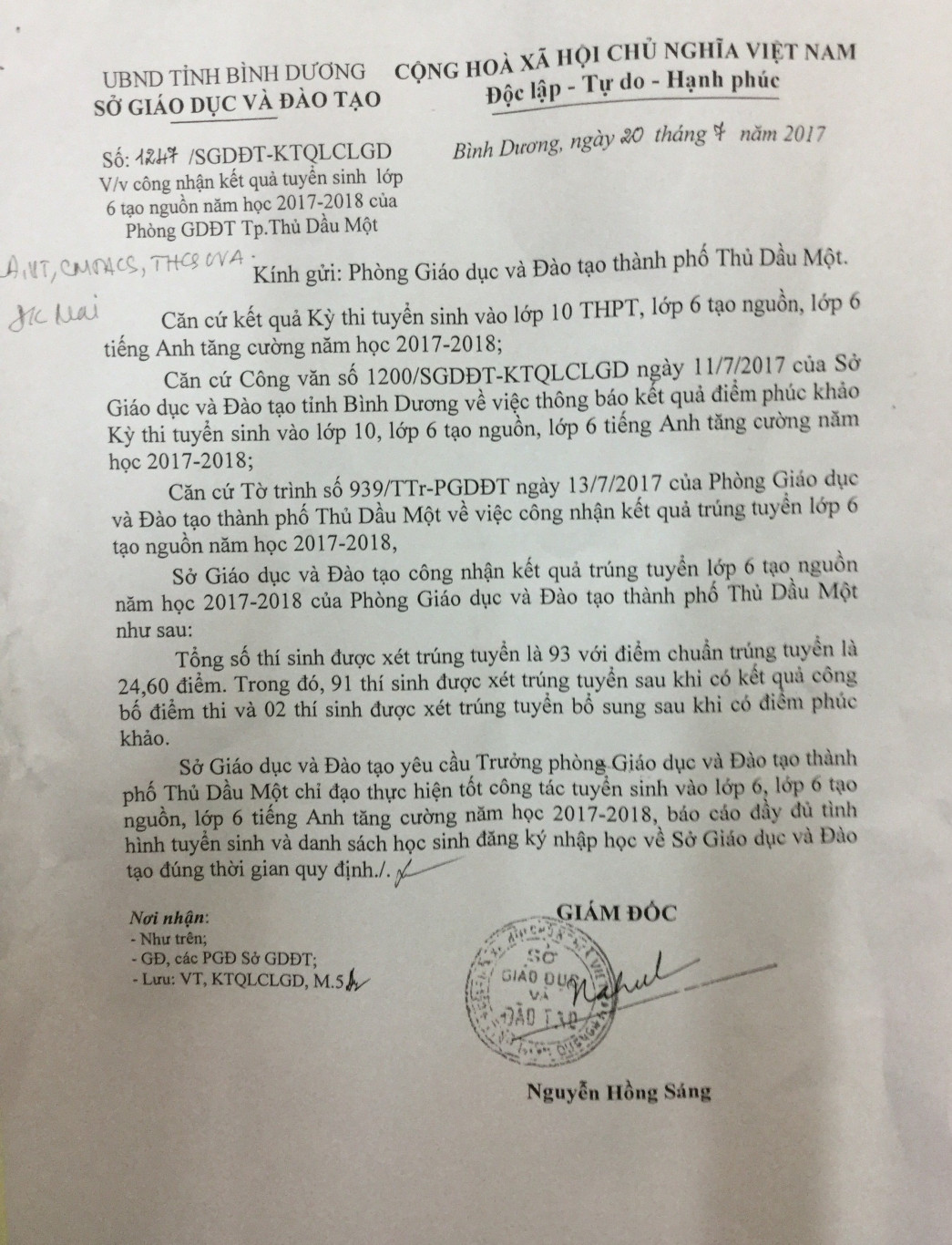 Công văn: Công nhận kết quả tuyển sinh lớp 6 tạo nguồn năm 2017-2018