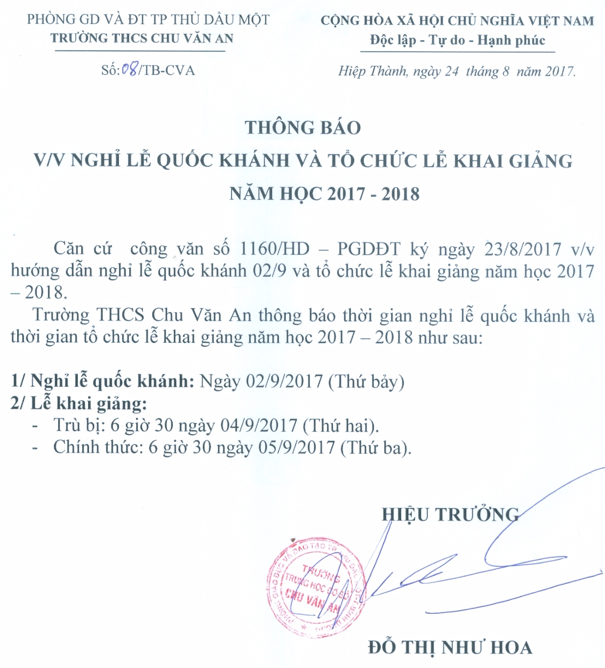 THÔNG BÁO V/V NGHỈ LỄ QUỐC KHÁNH VÀ TỔ CHỨC LỄ KHAI GIẢNG NĂM HỌC 2017 - 2018