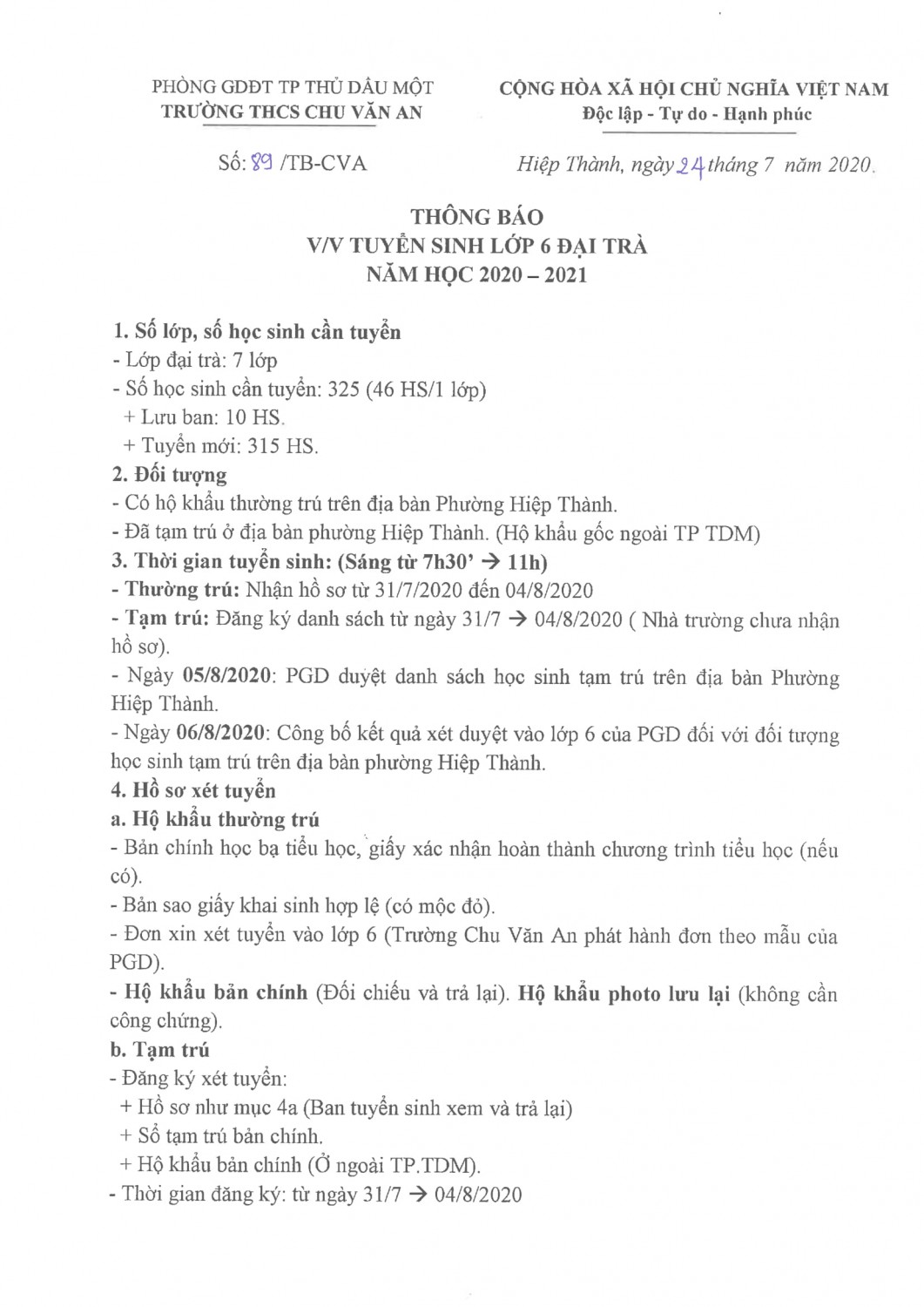 Thong bao tuyen sinh 6 DT 2020 2021 1