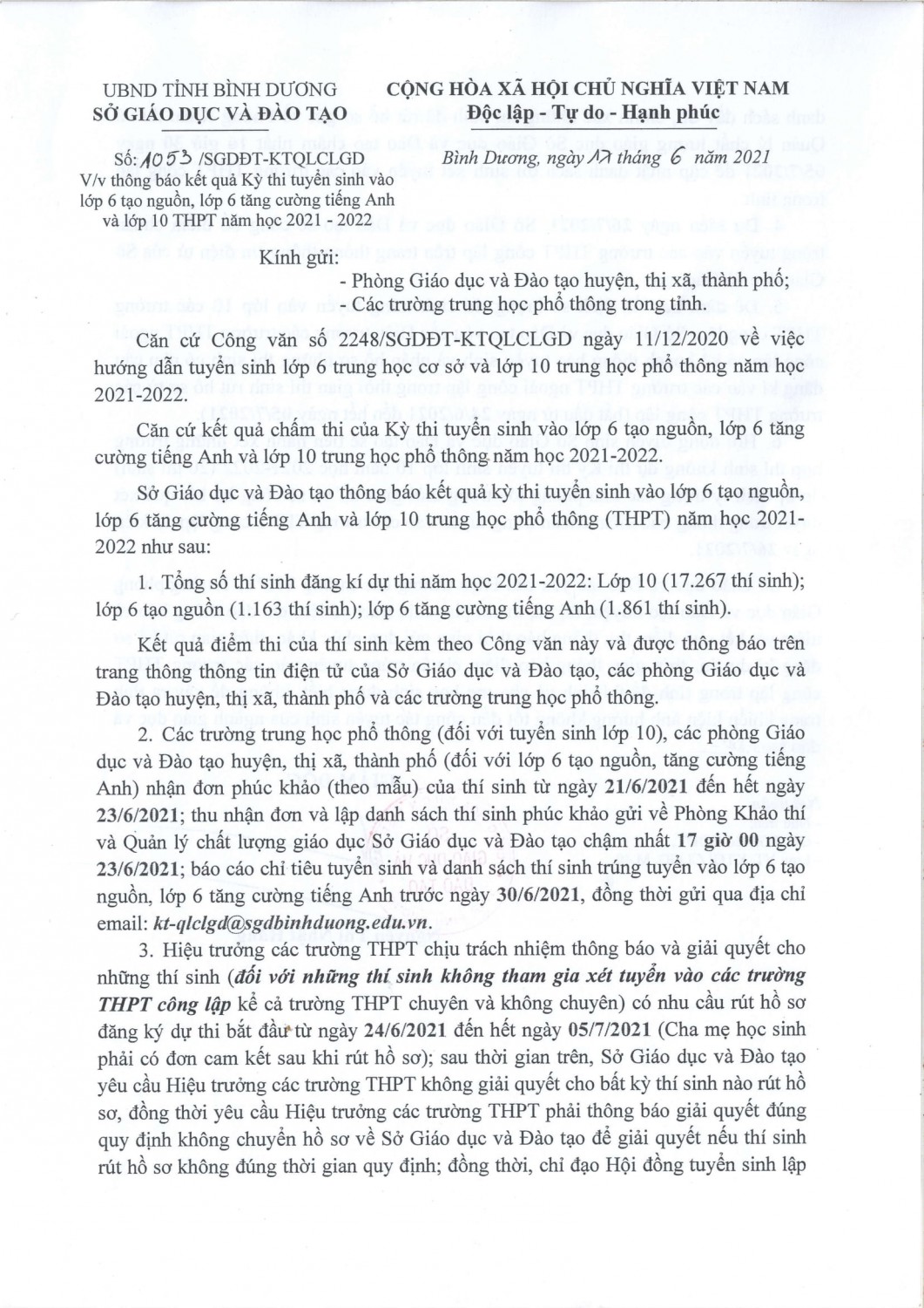 CV1053 thông báo kết quả điểm thi lớp 10, 6 TN TC 2021 2022 1