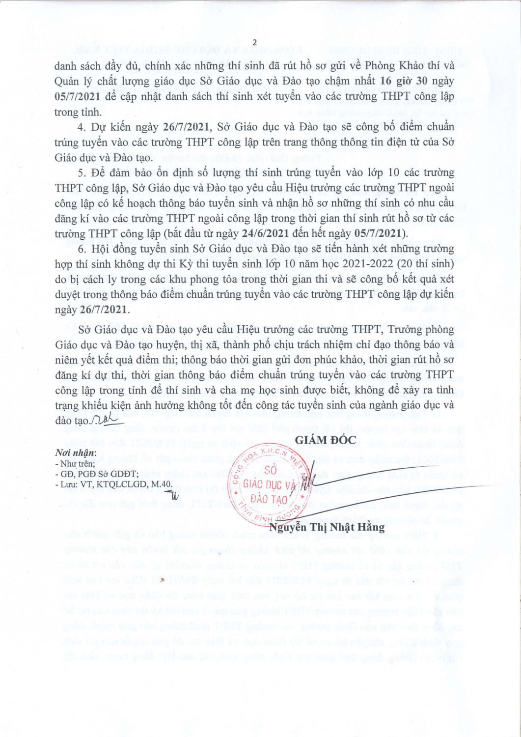 CV1053 thông báo kết quả điểm thi lớp 10, 6 TN TC 2021 2022 2