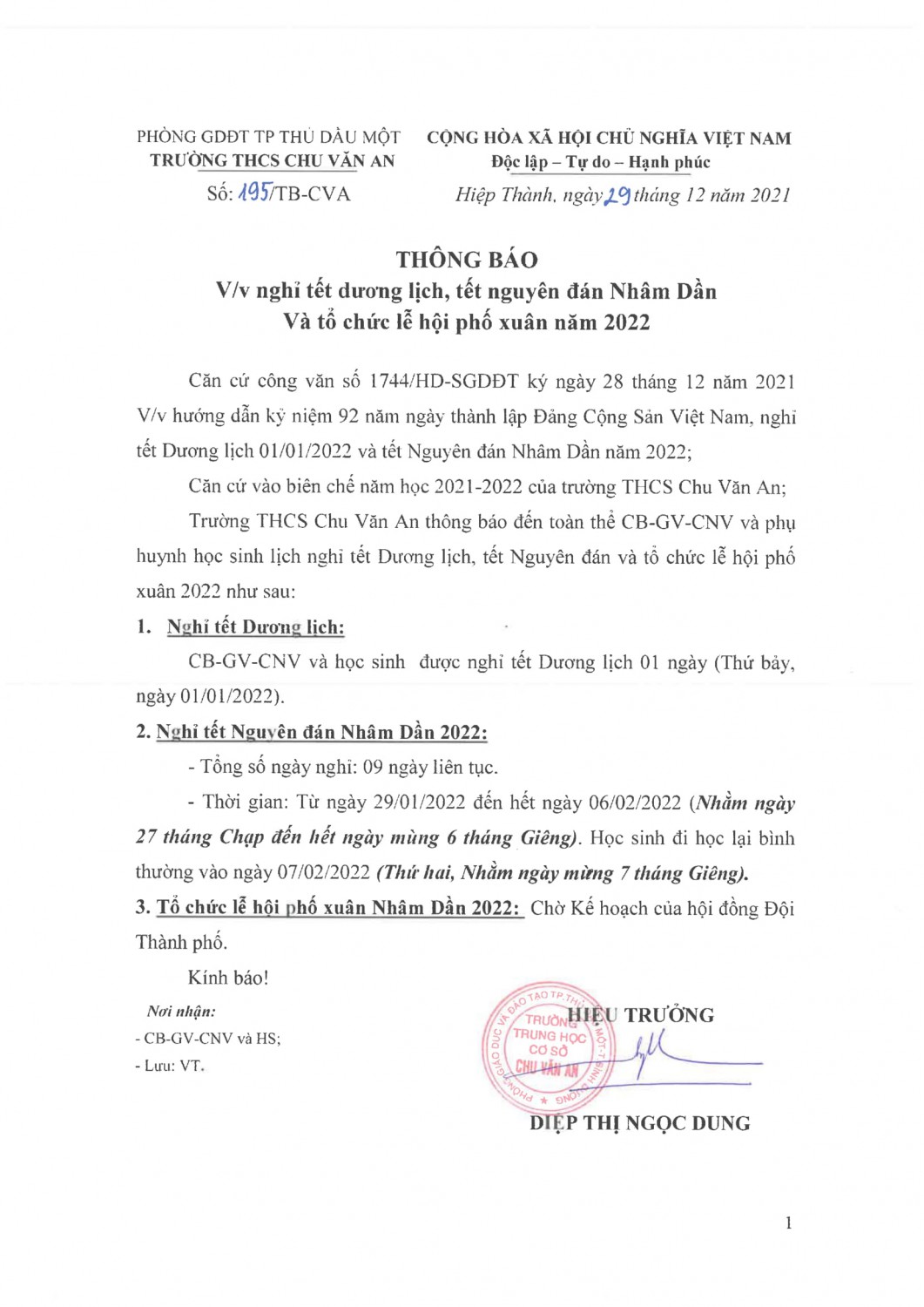 Thông báo nghỉ tết dương lịch, tết Nguyên đán Nhâm Dần và Lễ hội phố xuân năm 2022