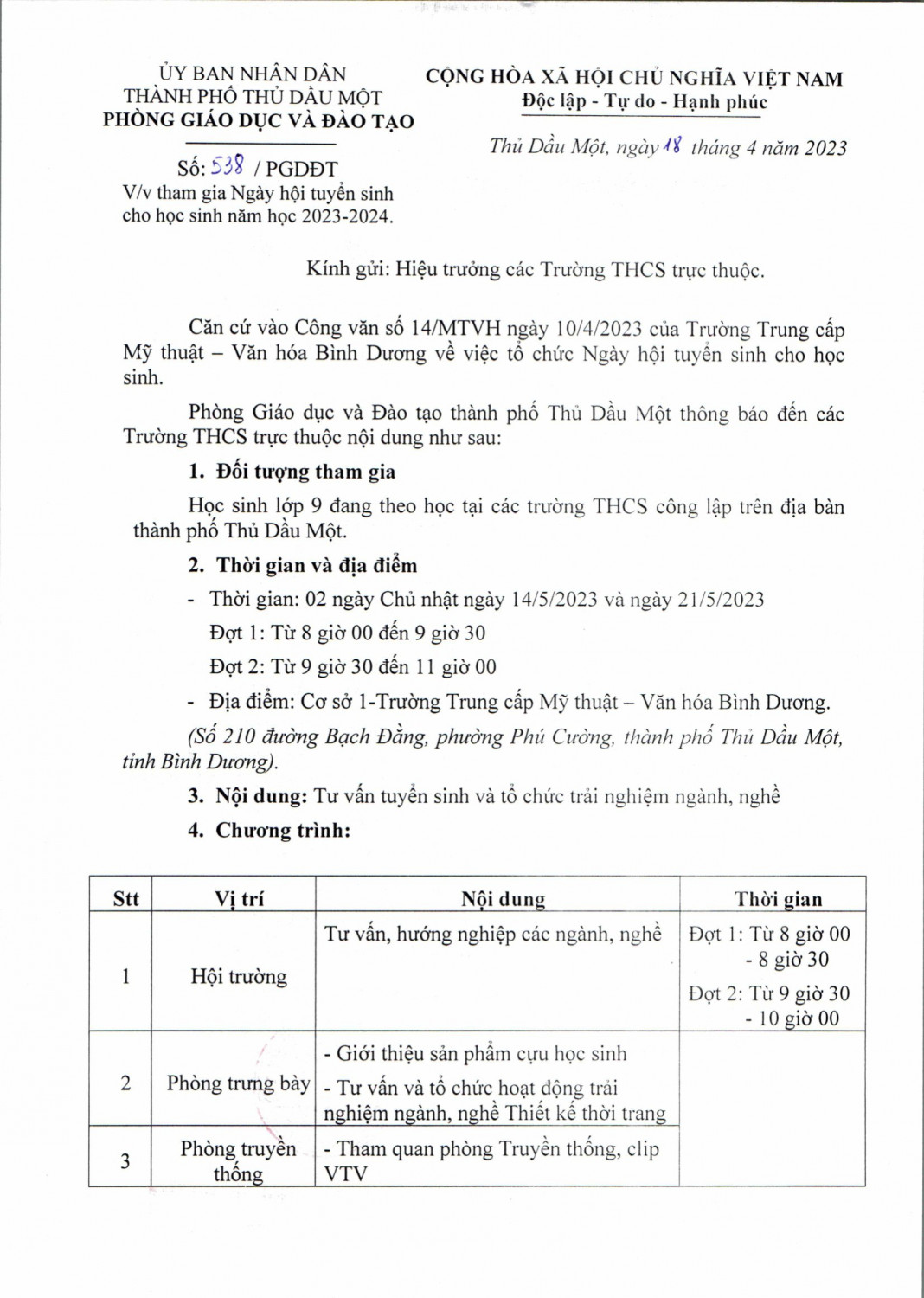 Van ban di 538 Ngay hoi tuyen sinh cho hoc sinh 18 04 2023 1 1