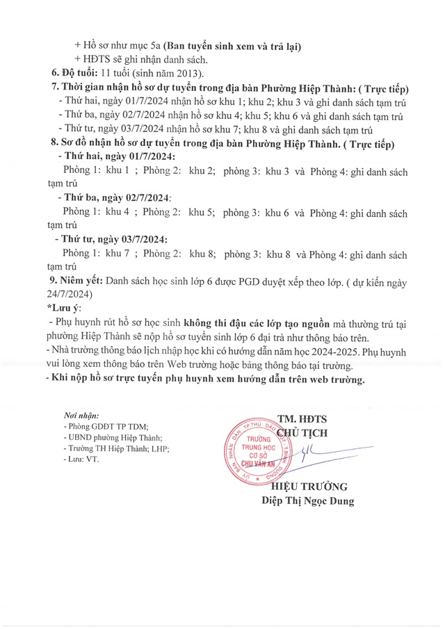thong bao tuyen sinh lop 6 dai tra 2024 2025 2